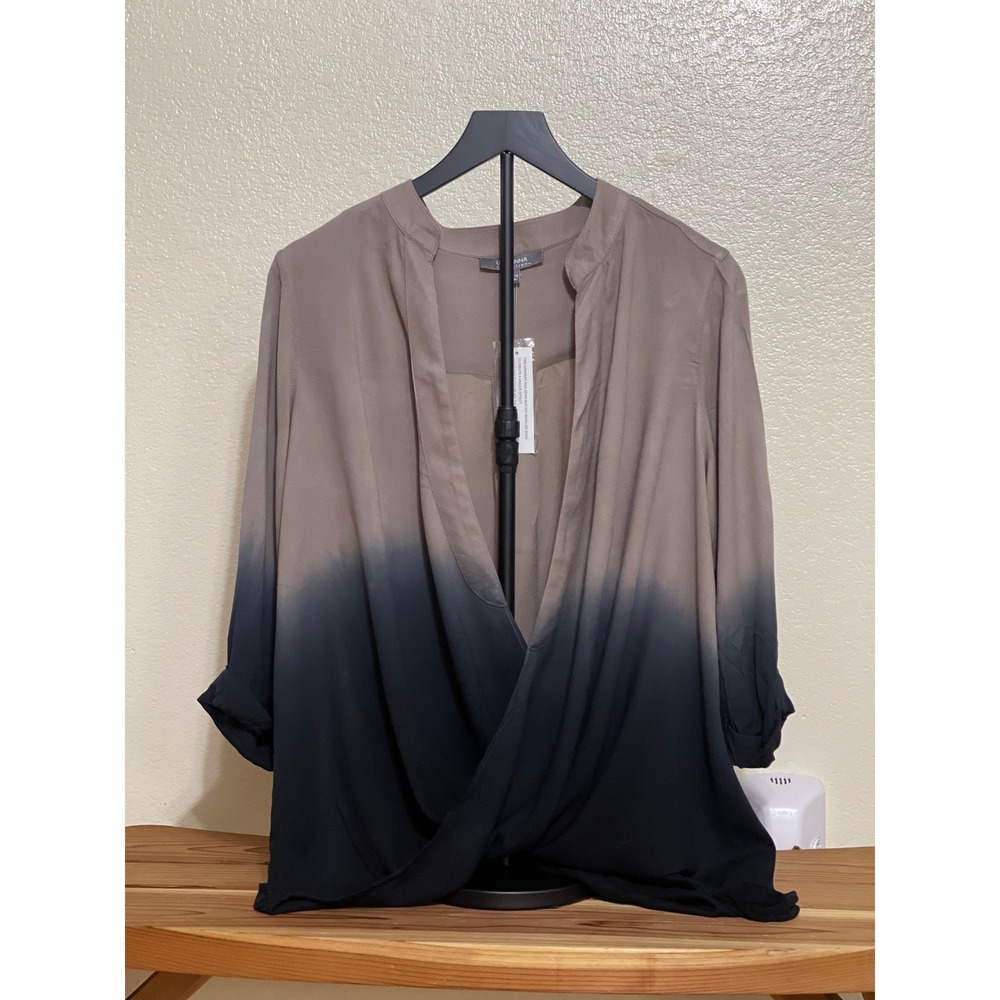 NWT Vince Camuto Ombre Draped Twist Front Blouse Tan Black Long Sleeve Top